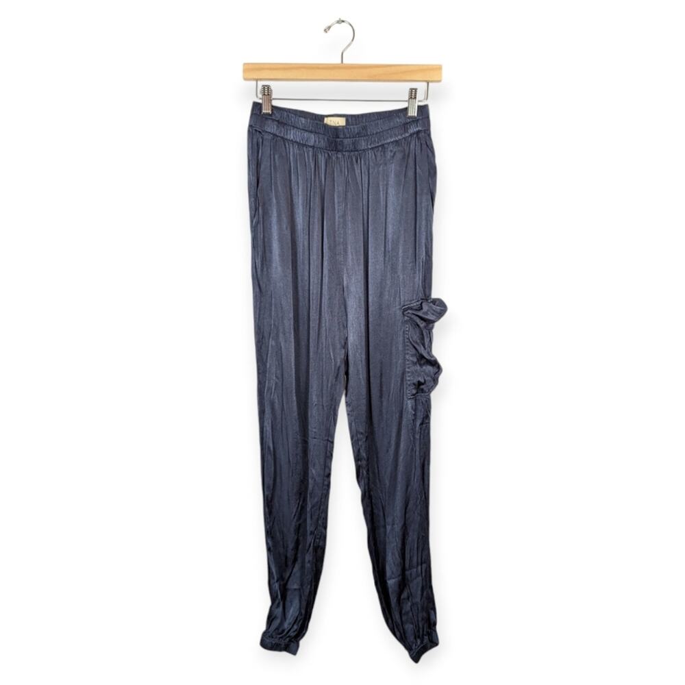 Tina Jo Baker Cargo Joggers S Blue Satin Pull On Lounge Streetwear Trendy